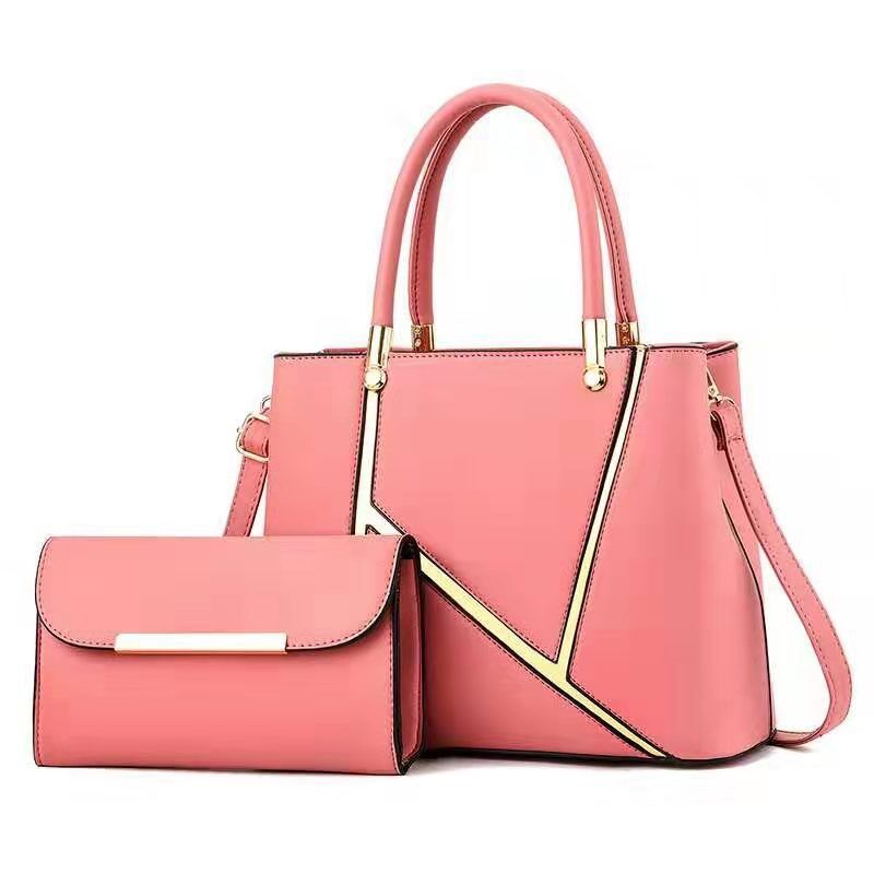 2 Piece Pu Soft Leather Hands Bags For Women Pink & Golden